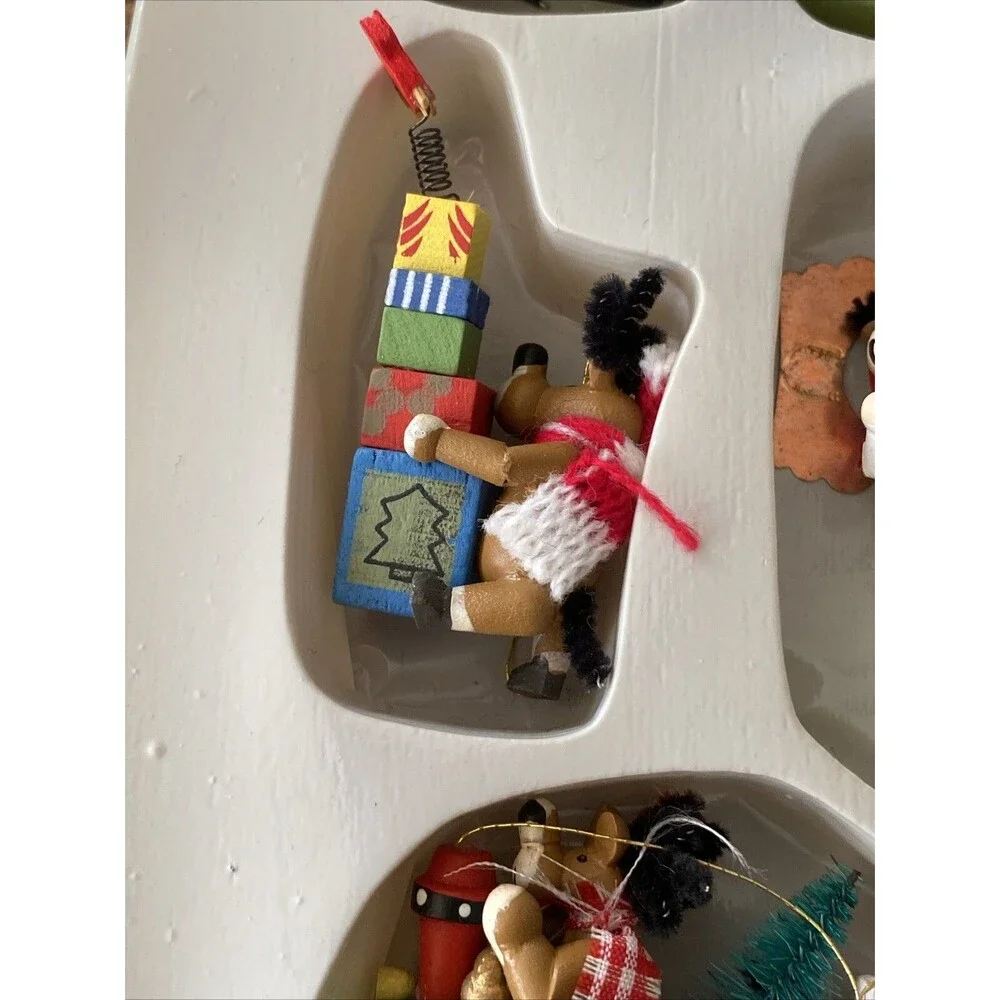 12 Vintage Painted Wooden MOOSE THEMED Christmas Ornaments Bottle Brush Animals